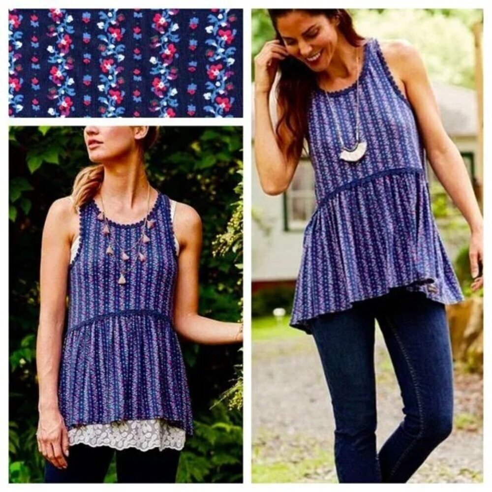 Matilda Jane Beyond the Horizon Tank Top Shirt Medium Blue Floral Racerback